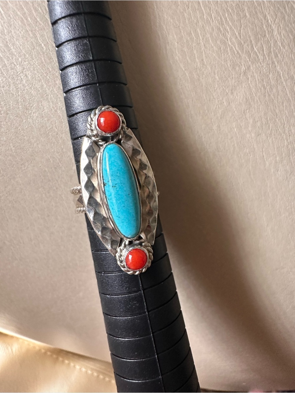 Turquoise and Red Coral Sterling Silver Navajo Running Bear Shop stamp Ring
